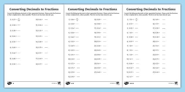 decimal fractions worksheets
