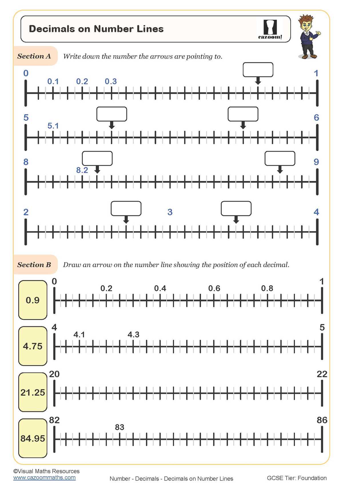 decimal number line tenths hundredths thousandths worksheet