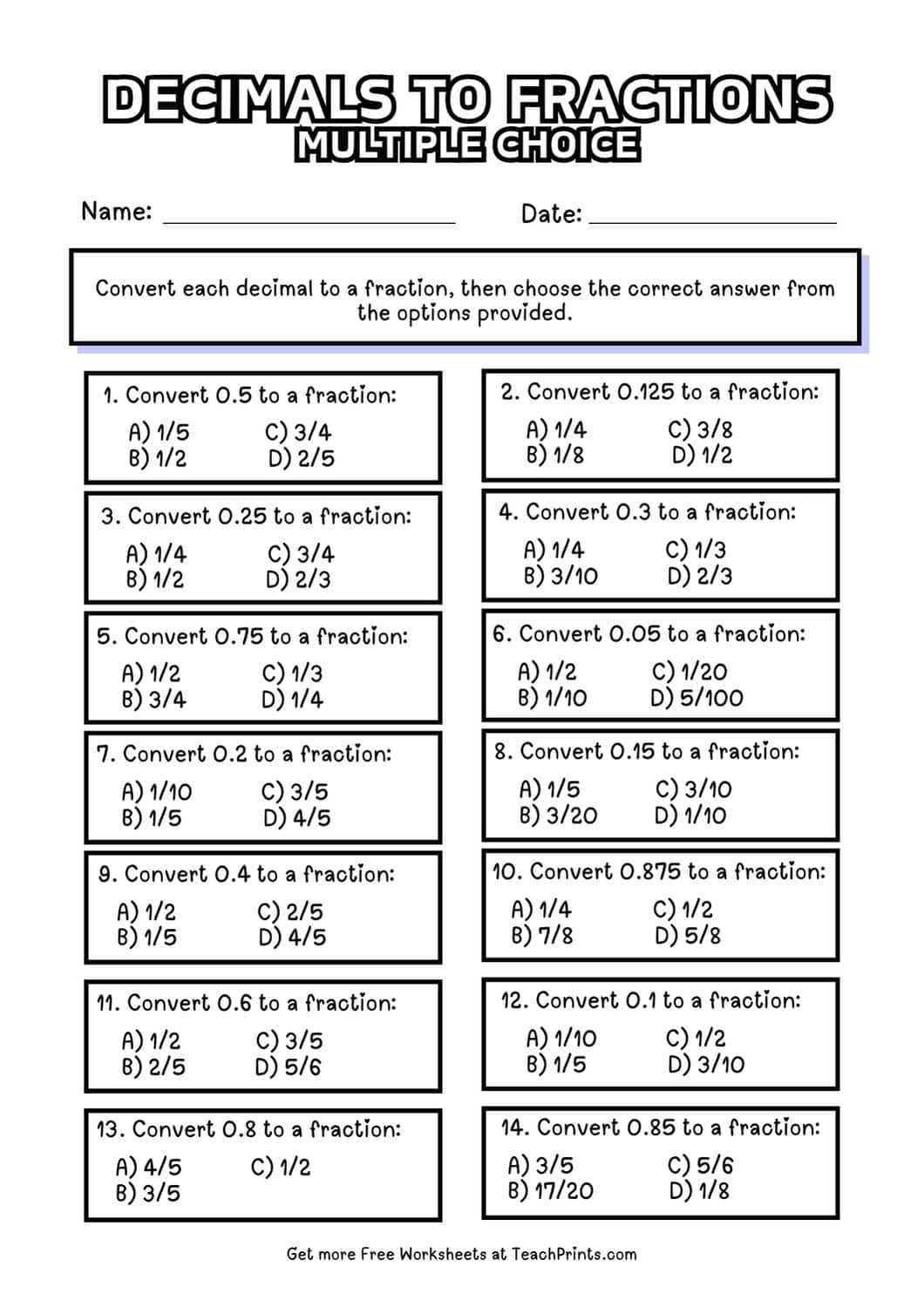 decimal to fraction and fraction to decimal worksheet