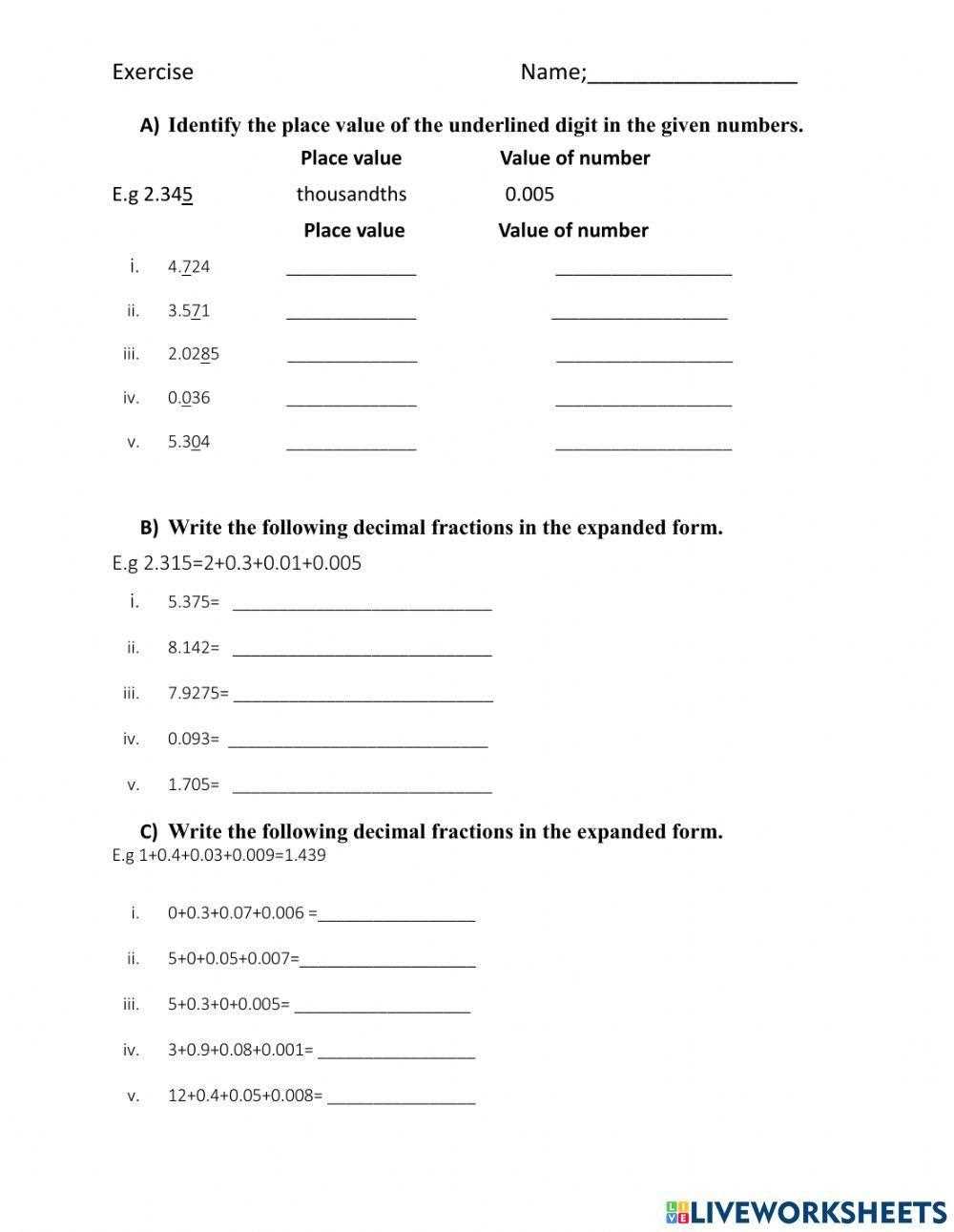 decimal worksheet expanded form