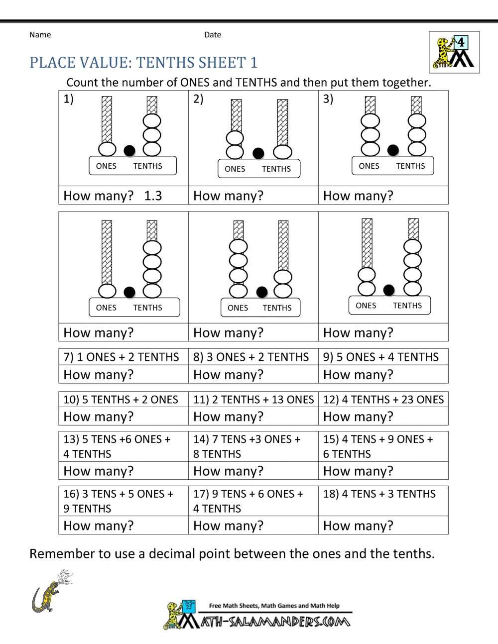 decimals and place value worksheet