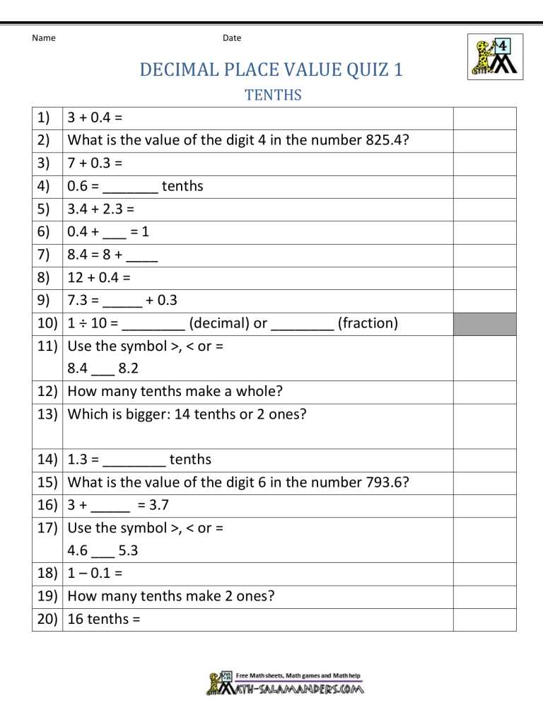 decimals place value worksheet