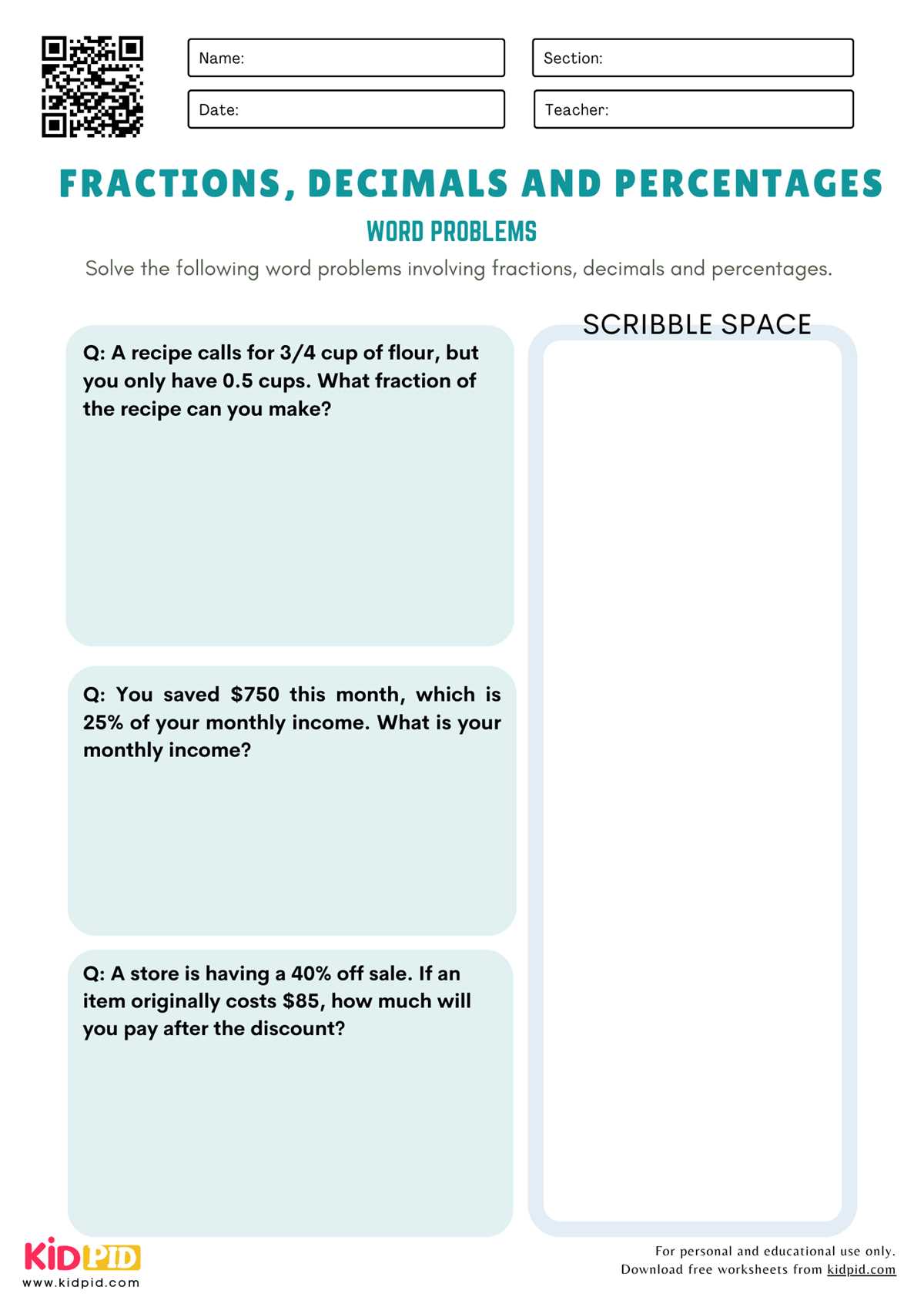 fractions/decimals worksheet