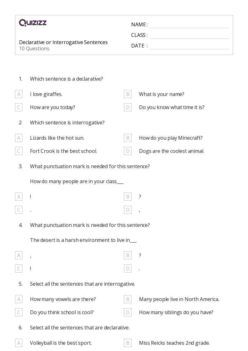 declarative interrogative sentences worksheets