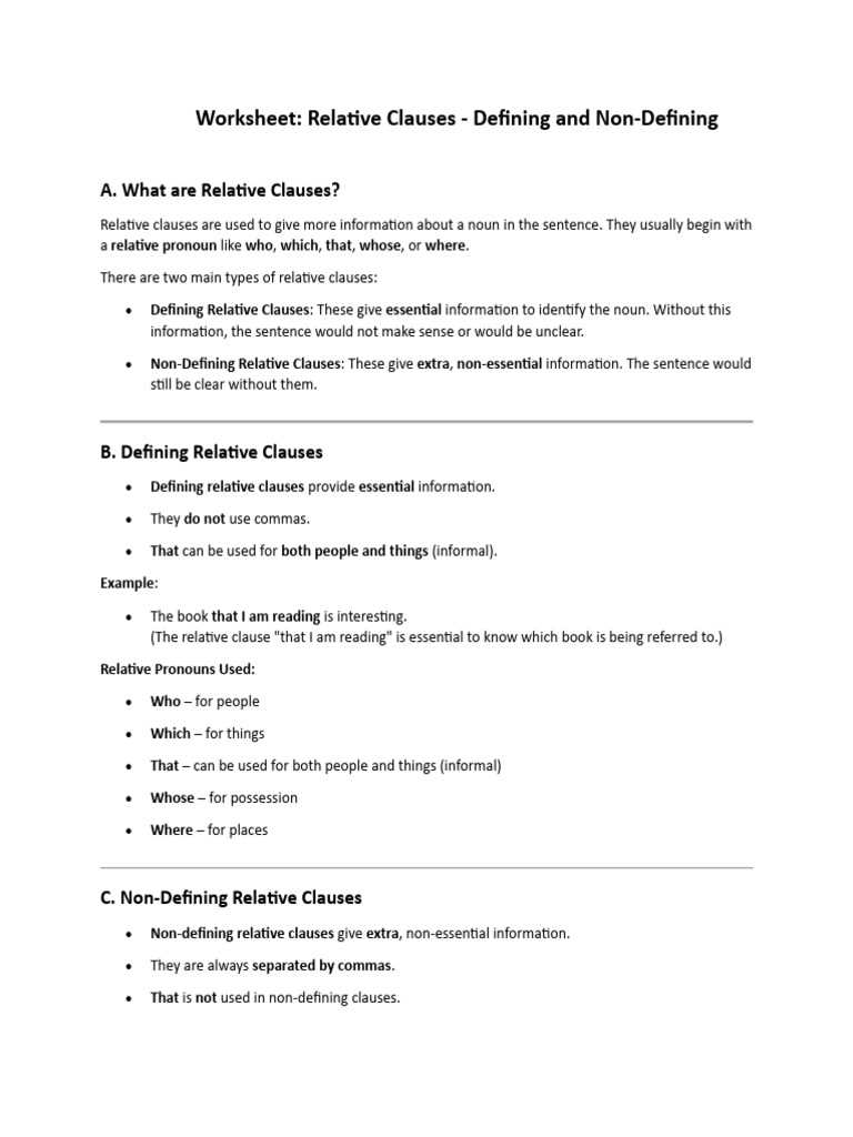 defining non defining relative clauses worksheets