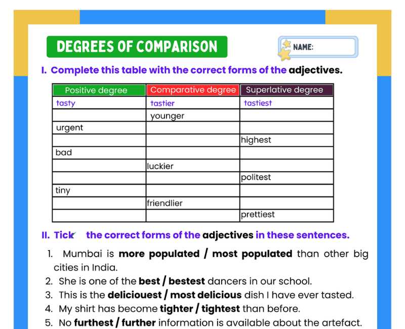 degrees of comparison worksheet for class 4