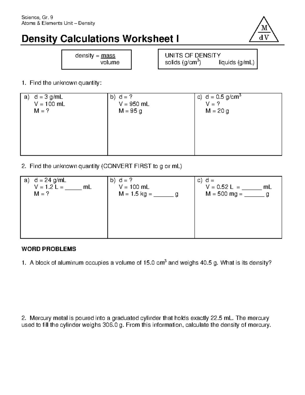 density practice worksheet