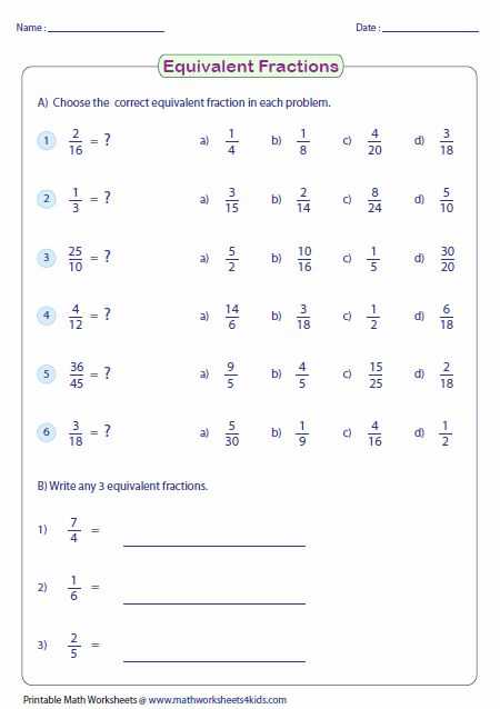 determine equivalent fractions worksheet