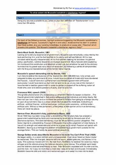 benito mussolini worksheet