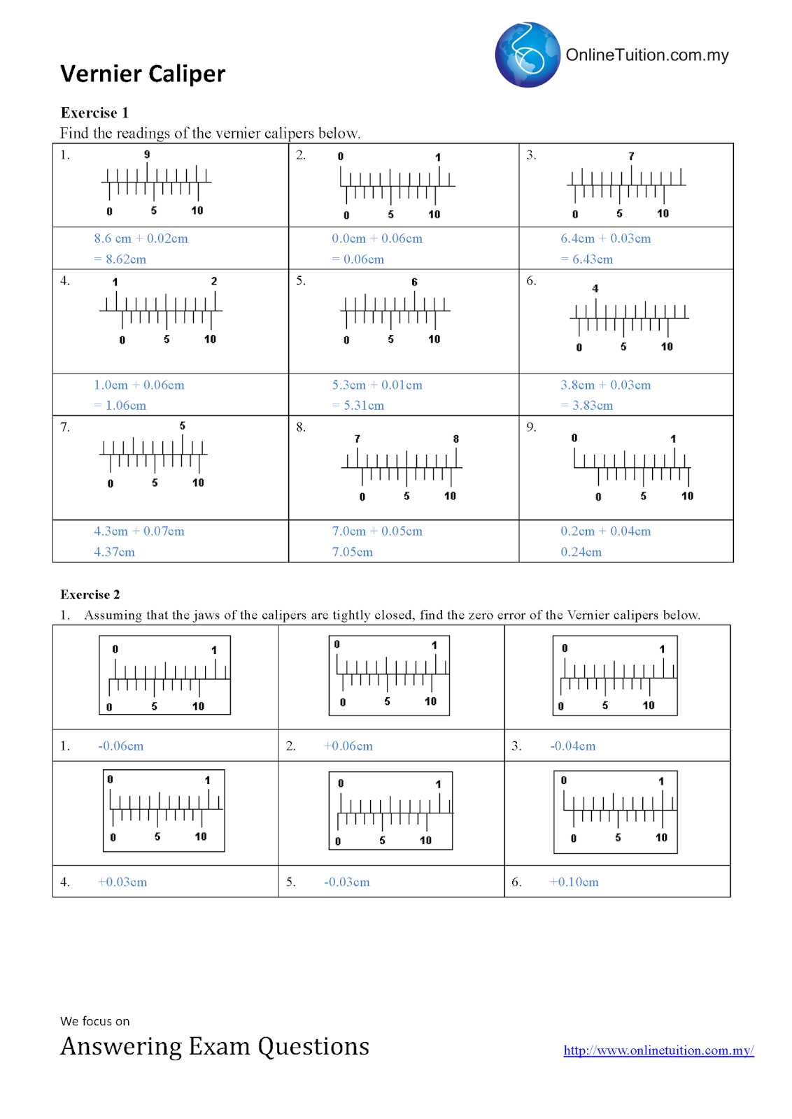 dial caliper measurement worksheet