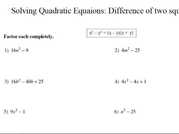 difference of two squares worksheet