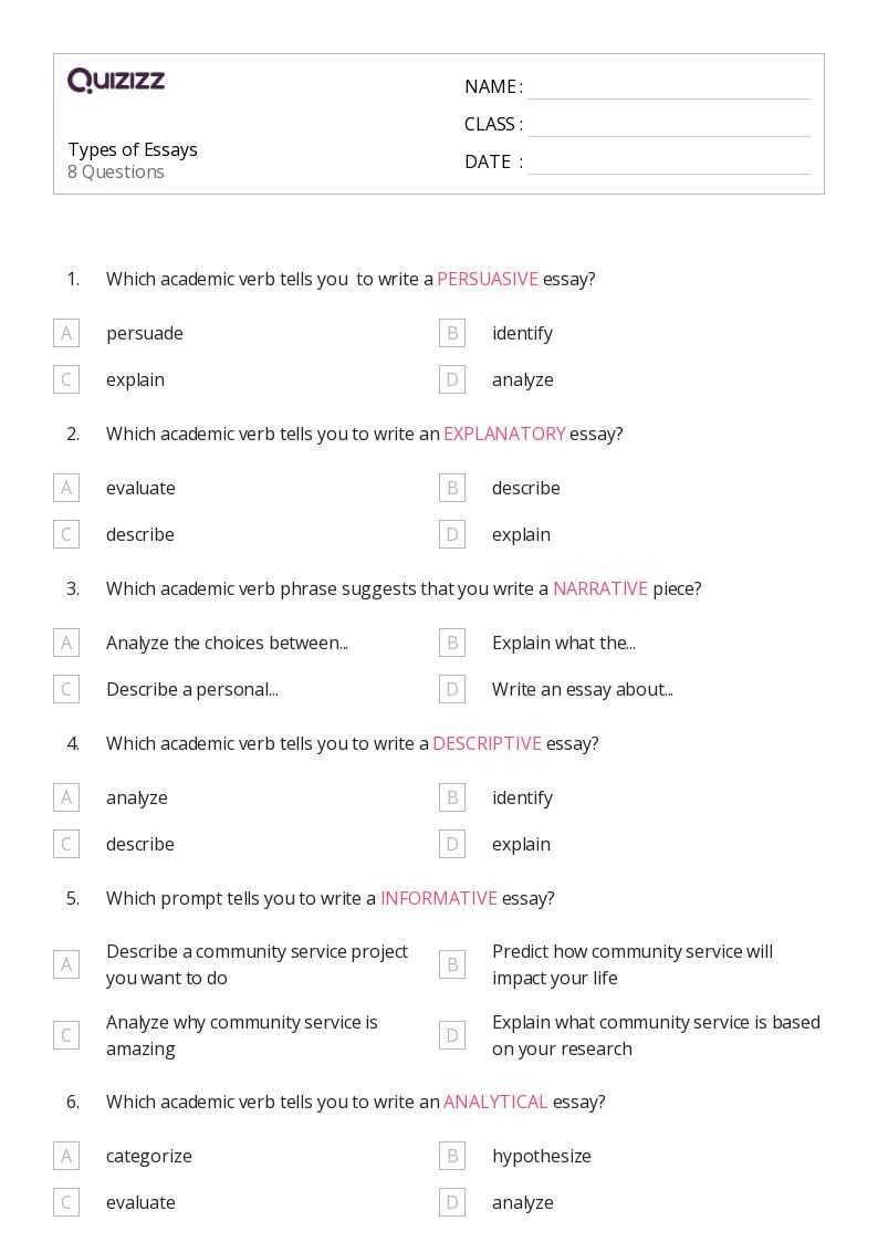 different types of essays worksheets