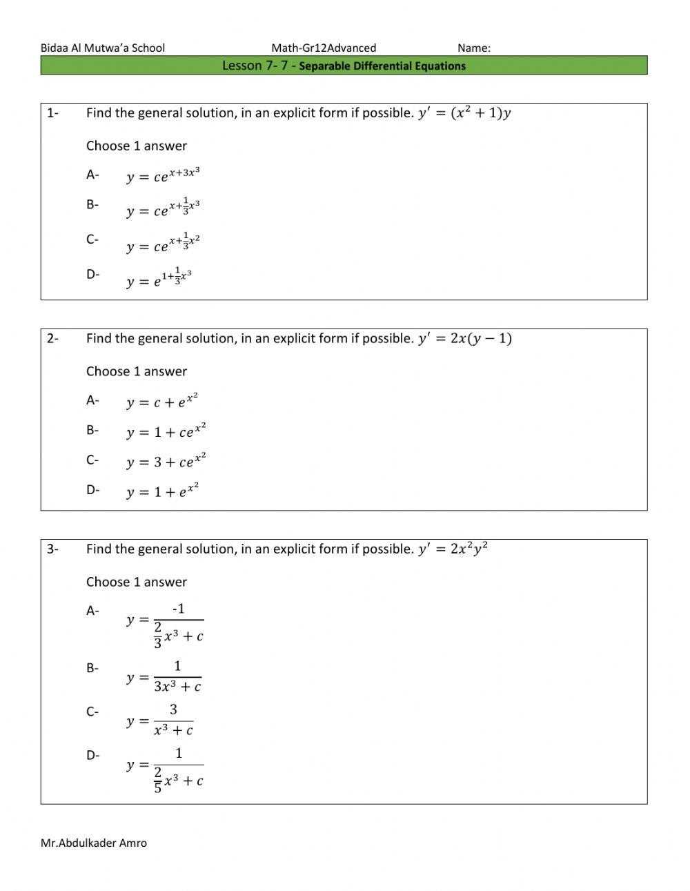 differential equations worksheet and solutions