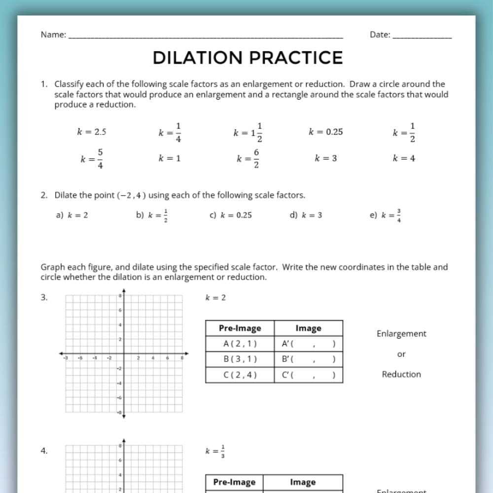 dilation and scale factors independent practice worksheet