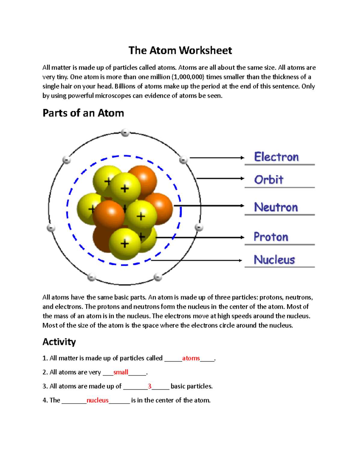 discovering parts of an atom worksheet