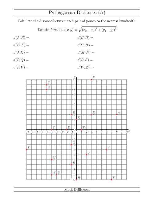distance formula pythagorean theorem worksheet