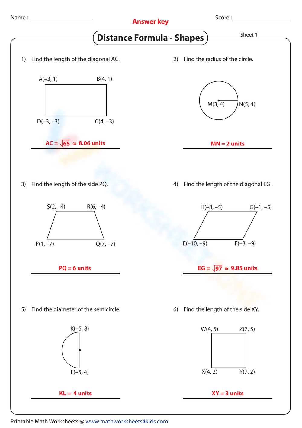 distance formula worksheet