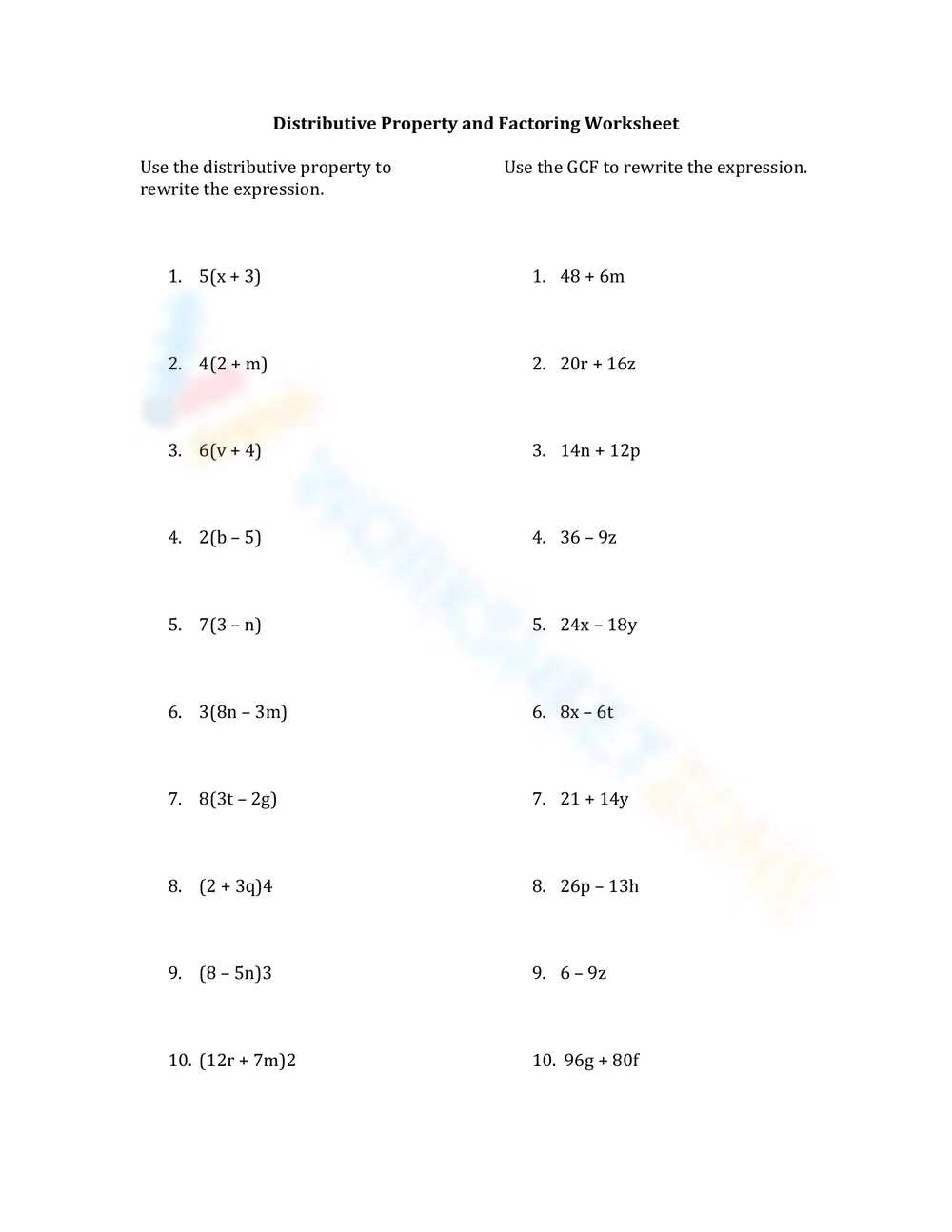 distributing and factoring worksheet