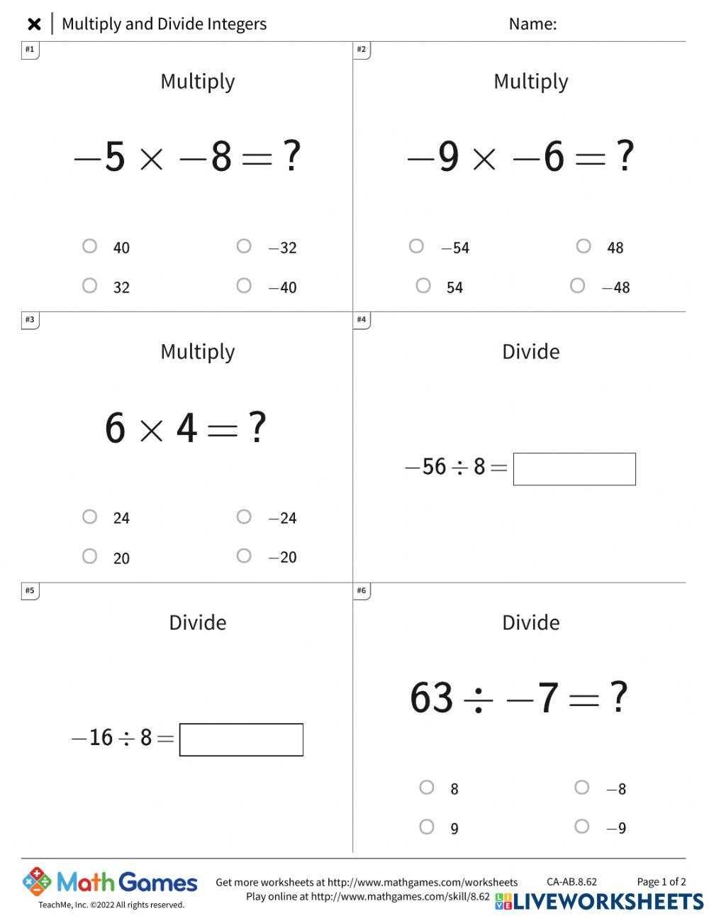 dividing and multiplying integers worksheet