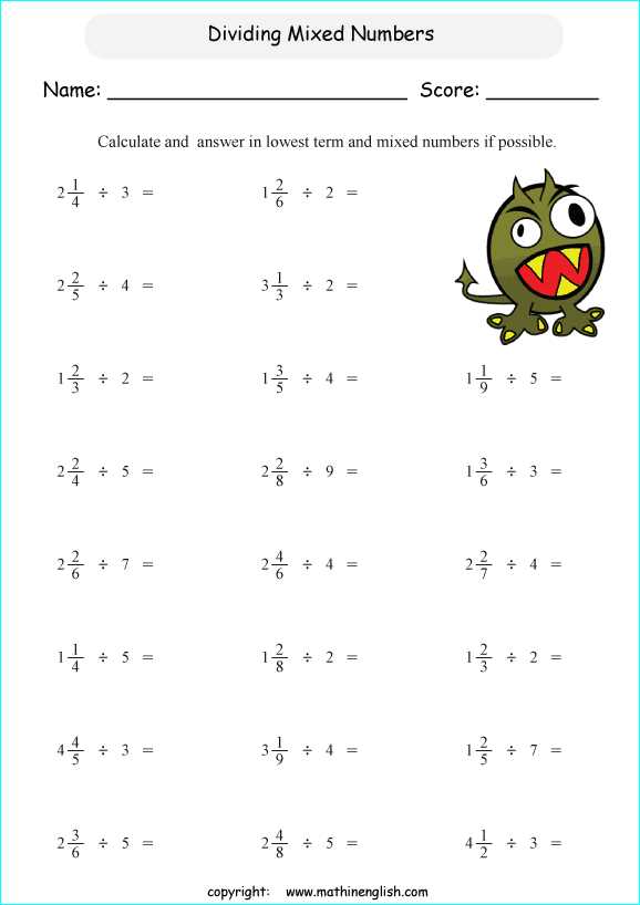 dividing mixed numbers and fractions worksheet