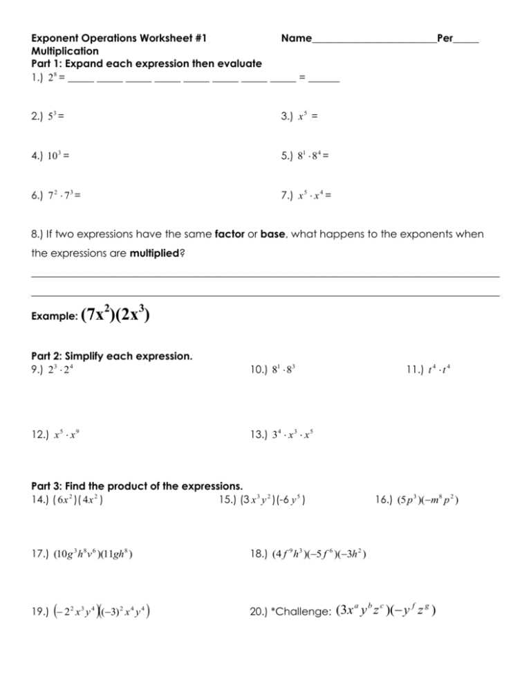 dividing with exponents worksheet