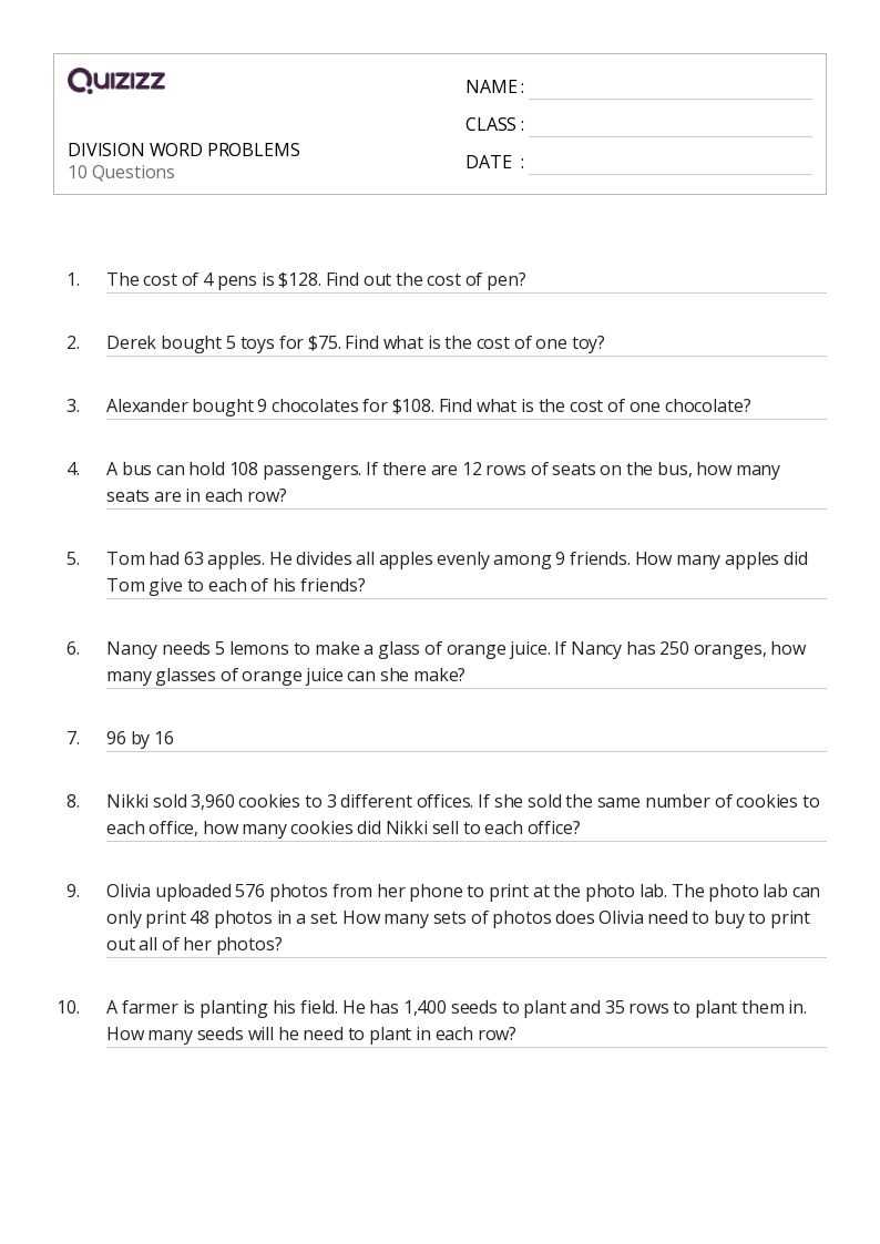 division word problems grade 4 worksheets