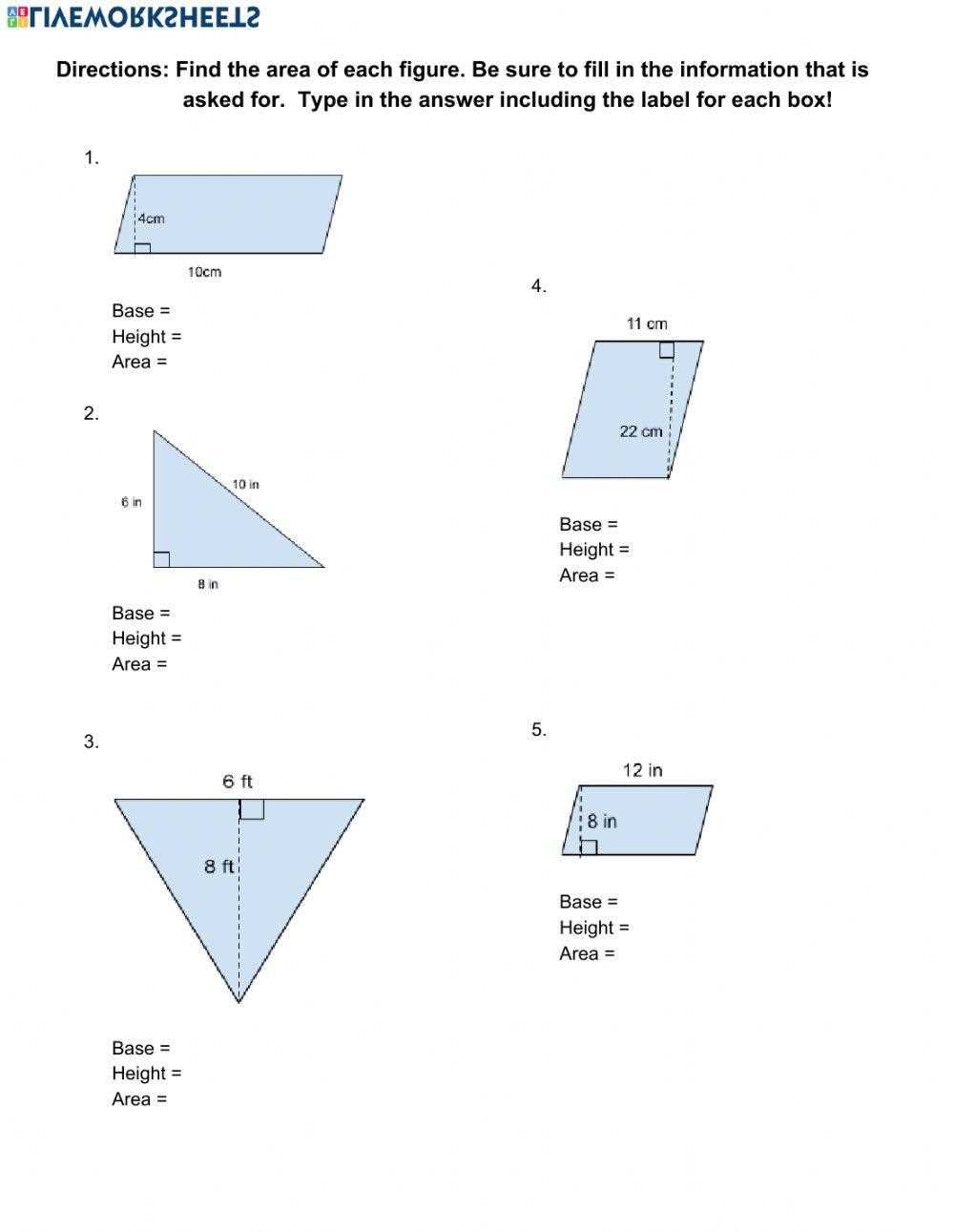 area of a parallelogram worksheet grade 6