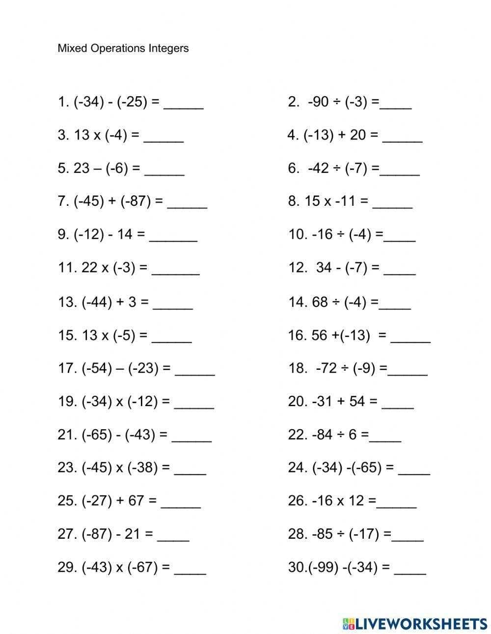mixed operations with integers worksheet