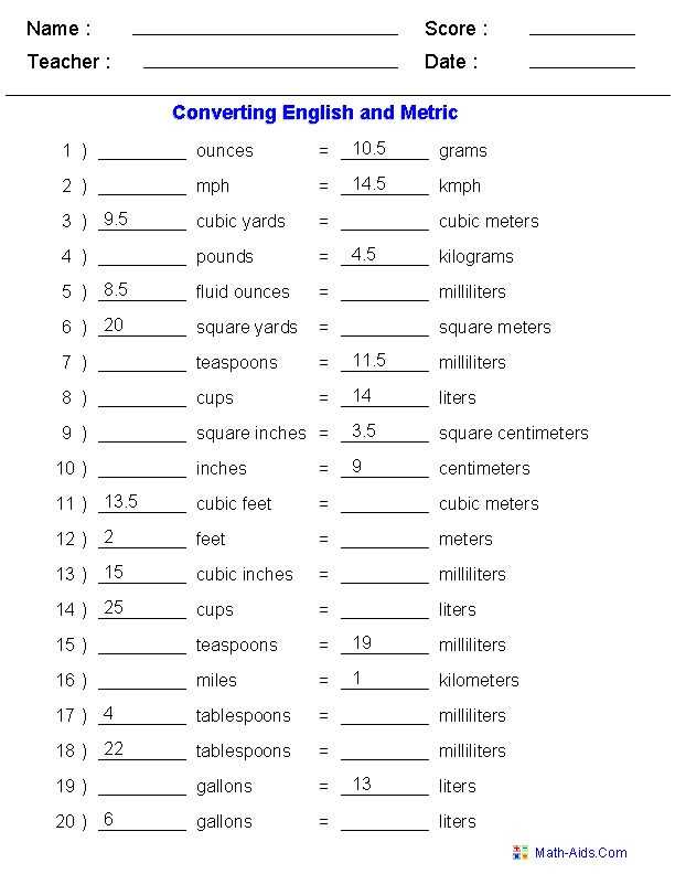 worksheet for converting metric units