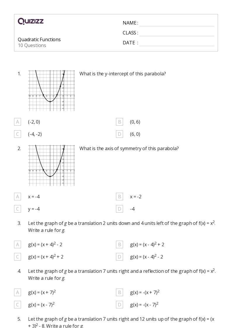 domain and range of quadratic functions worksheets