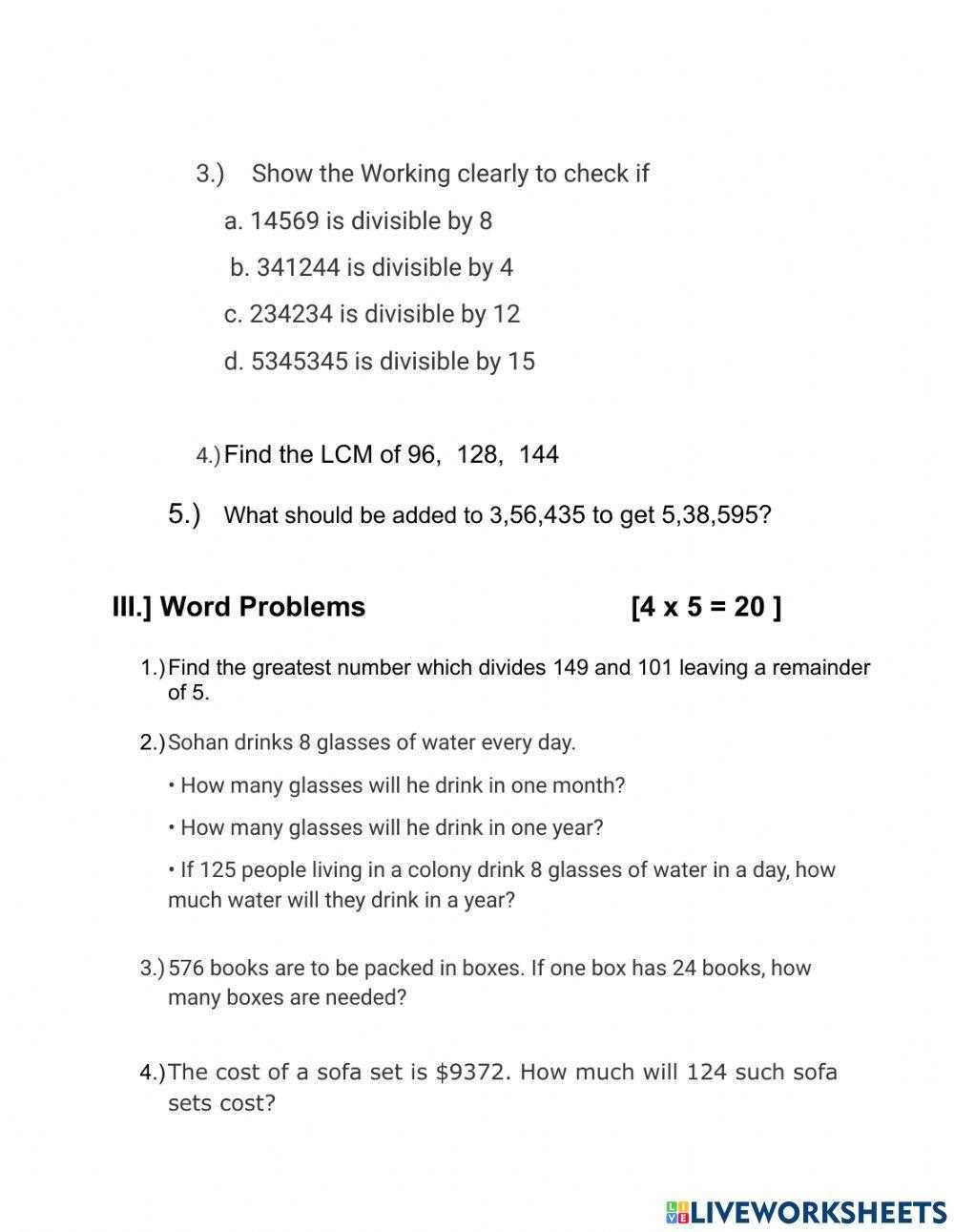 mathematics worksheet for class 5