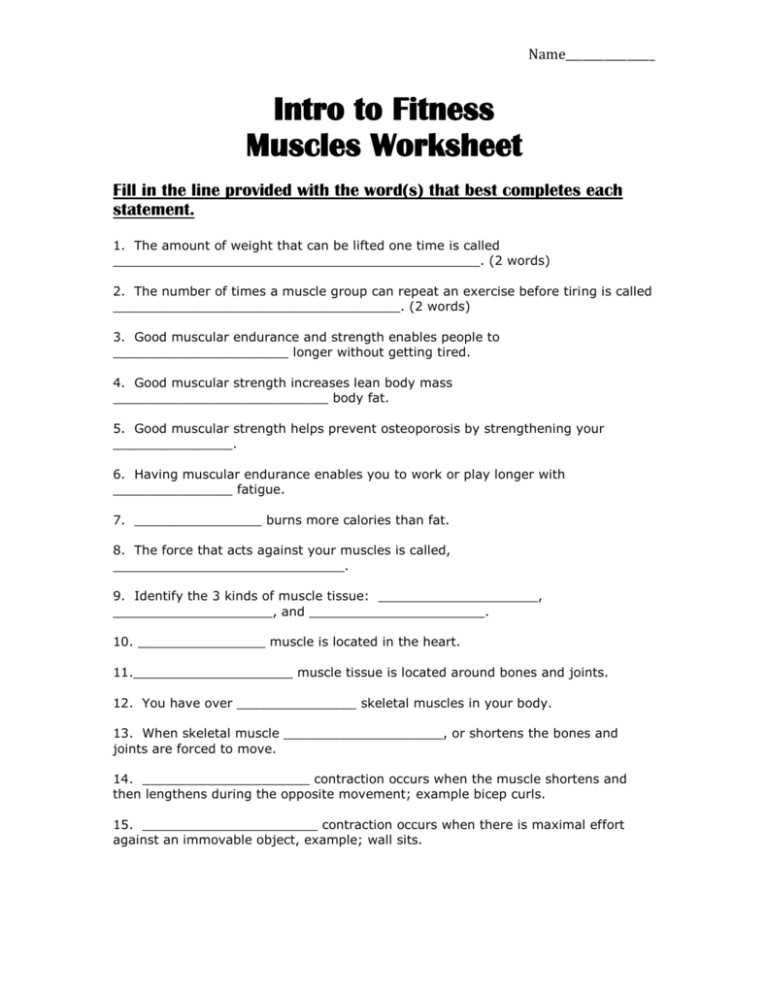worksheet on muscles