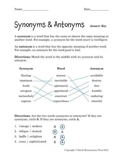 antonym and synonym worksheets