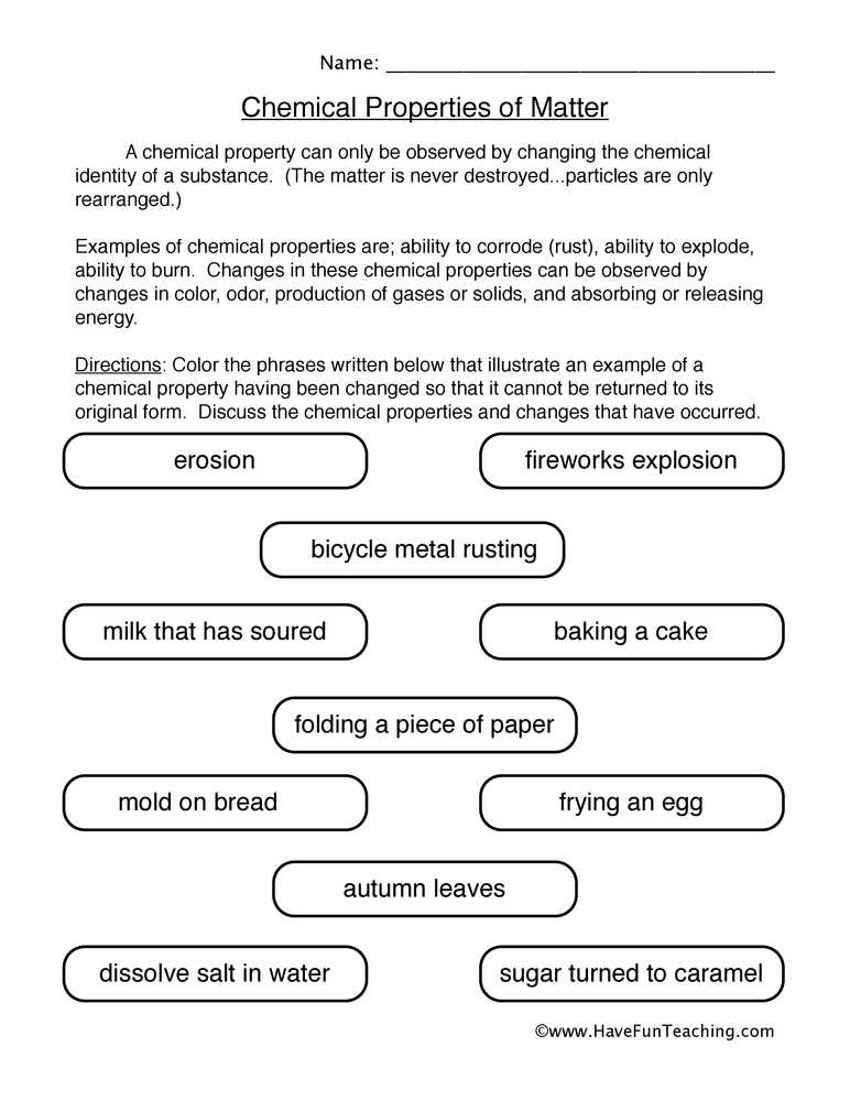 physical property and chemical property worksheet