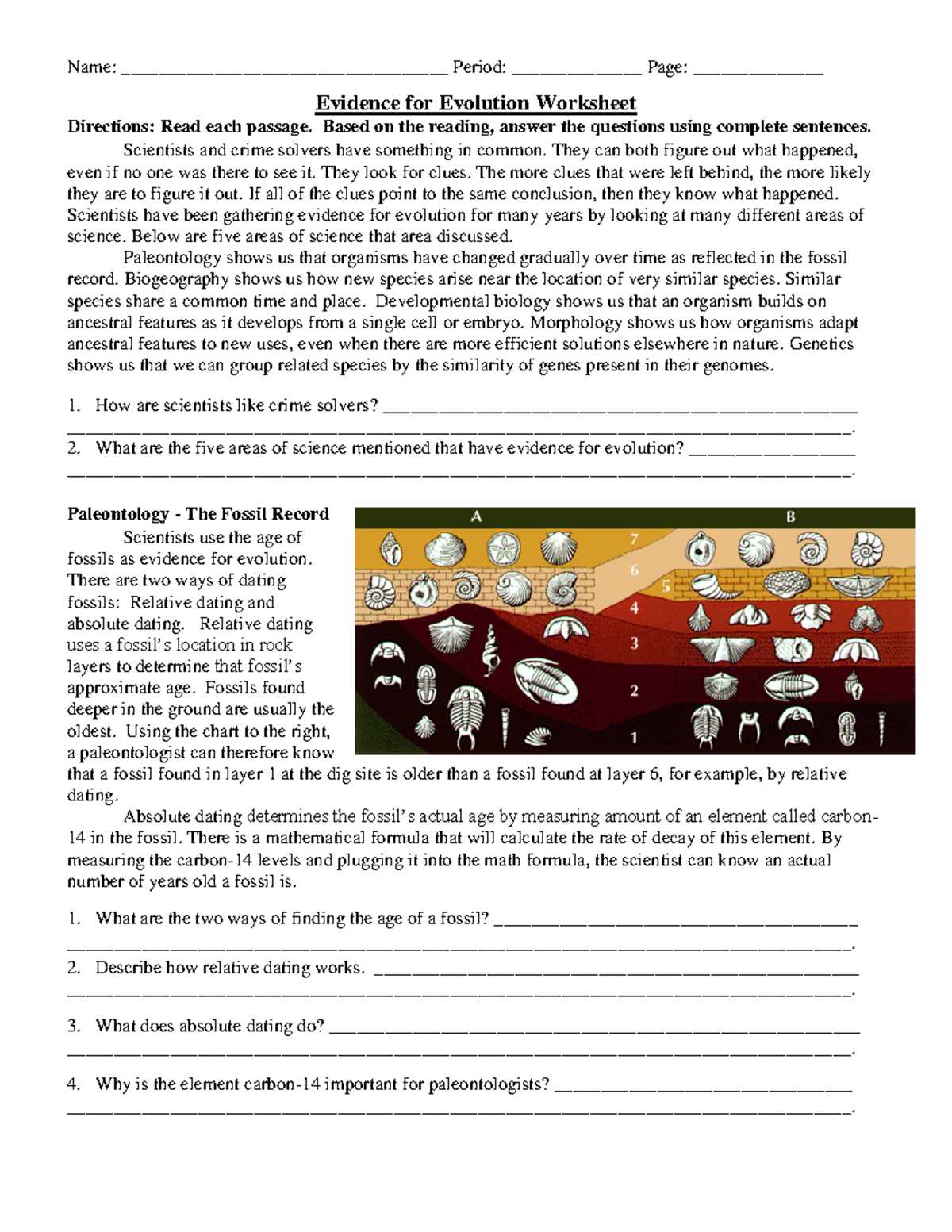 dry lab evidence of evolution worksheet