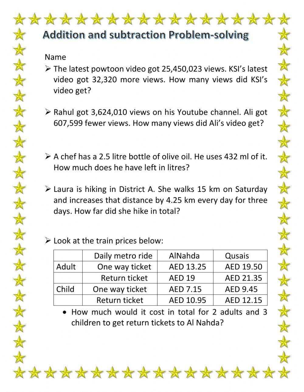 addition solving problems worksheets