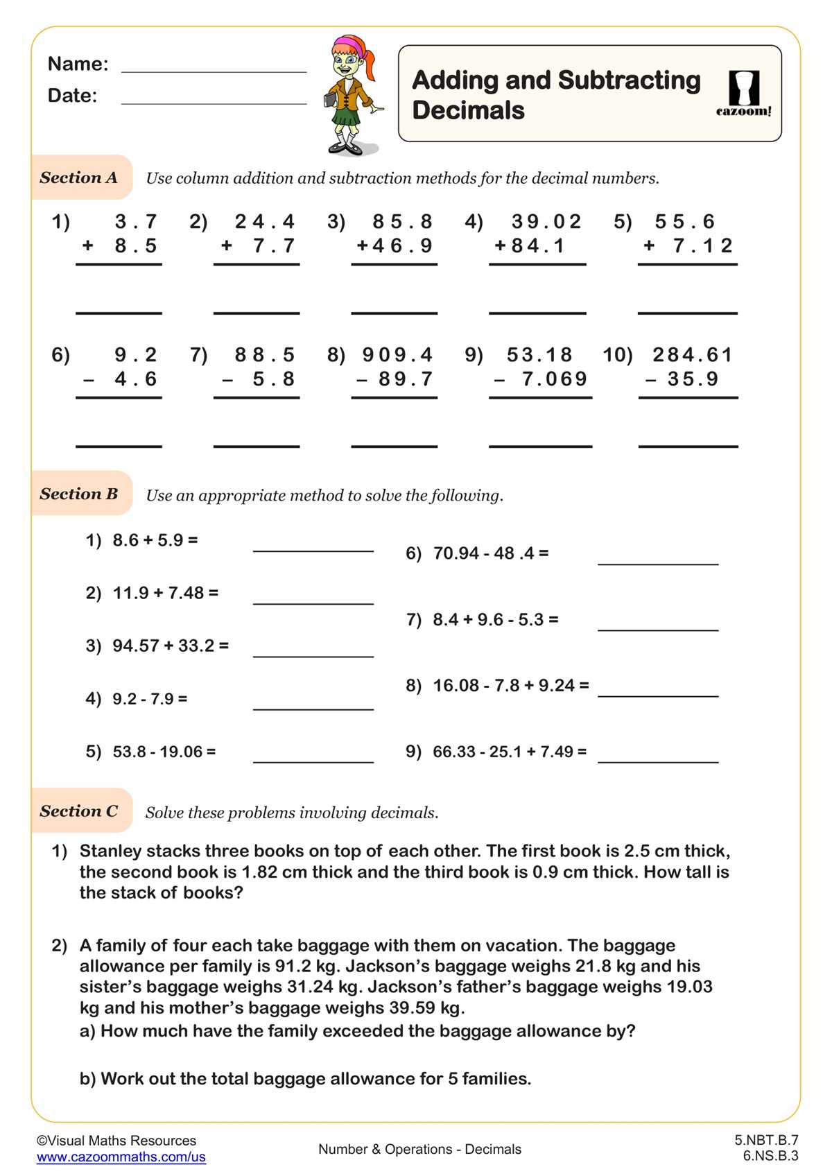 adding and subtracting decimals worksheets grade 6