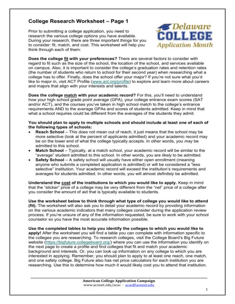 college research worksheet
