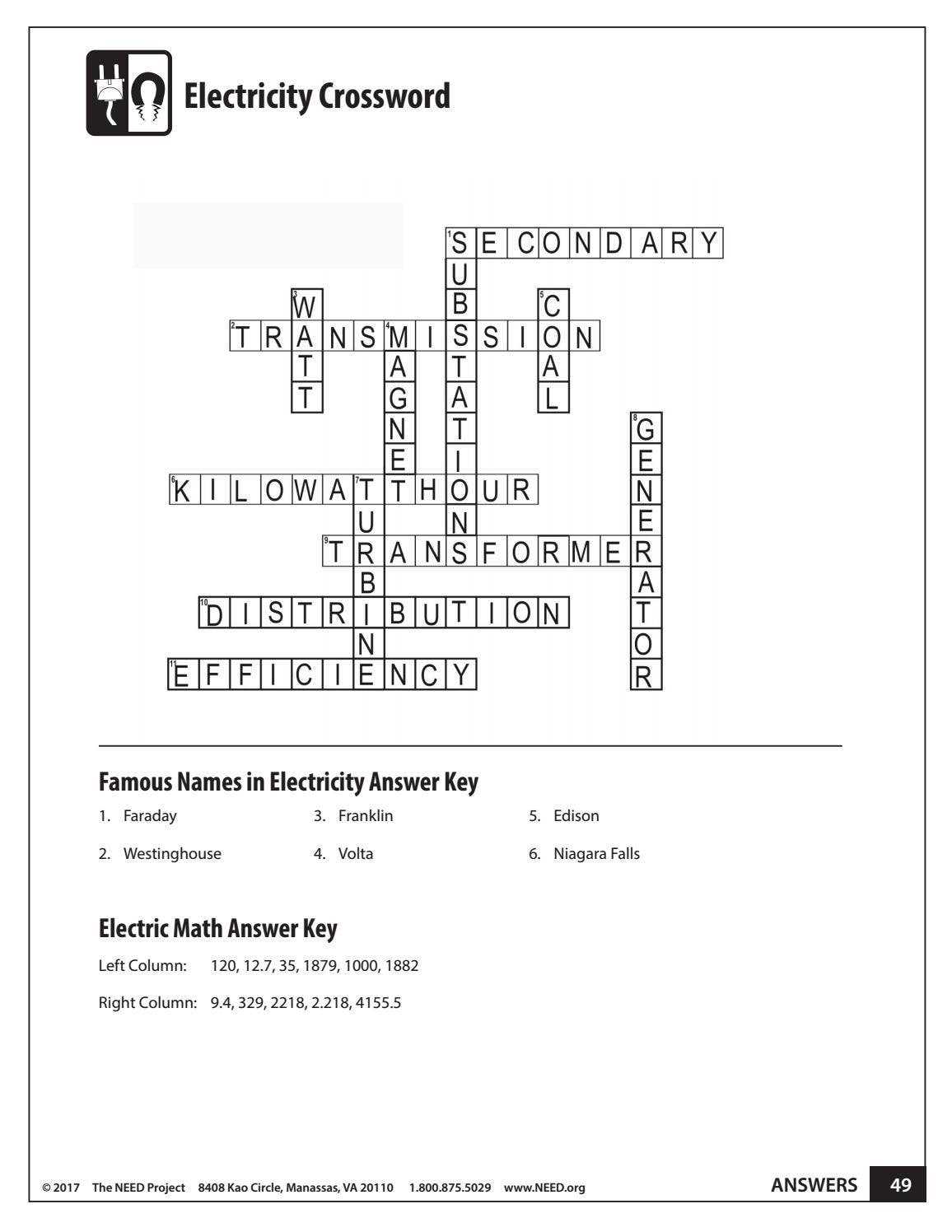 electricity crossword worksheet