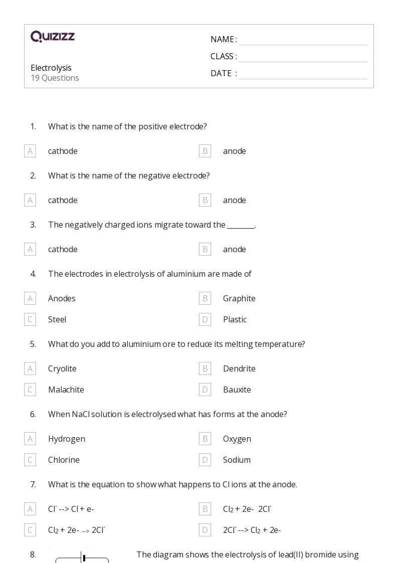 electrolysis calculations worksheet