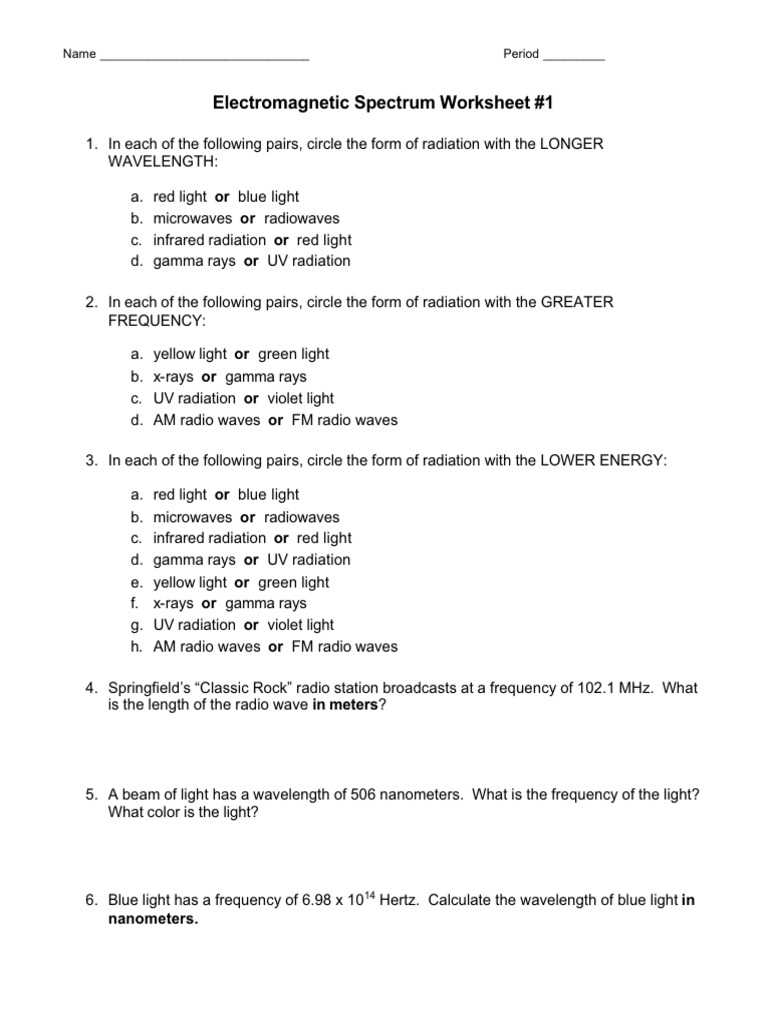 electromagnetic spectrum worksheet 1