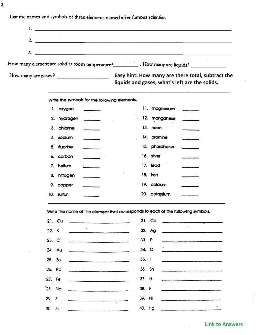 elements and symbols worksheet