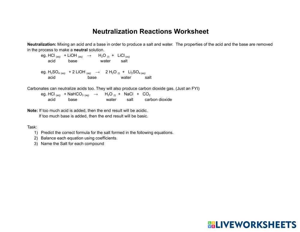 neutralisation reactions worksheet