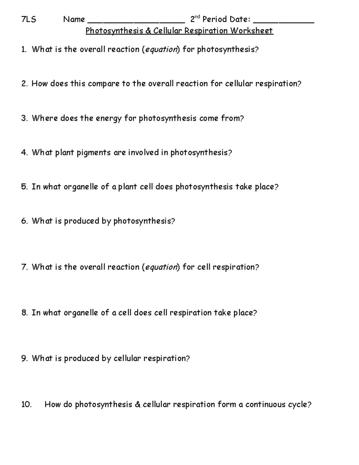 energy photosynthesis and cellular respiration worksheet