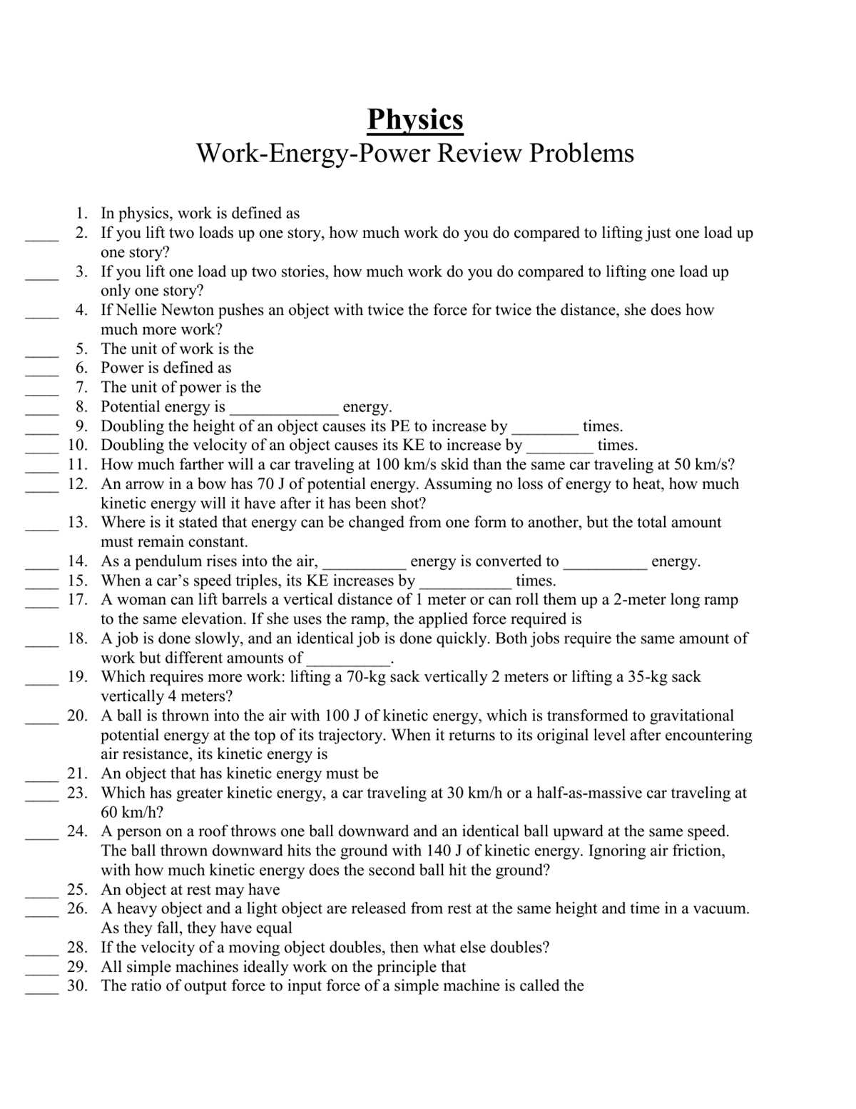 energy review problems worksheet