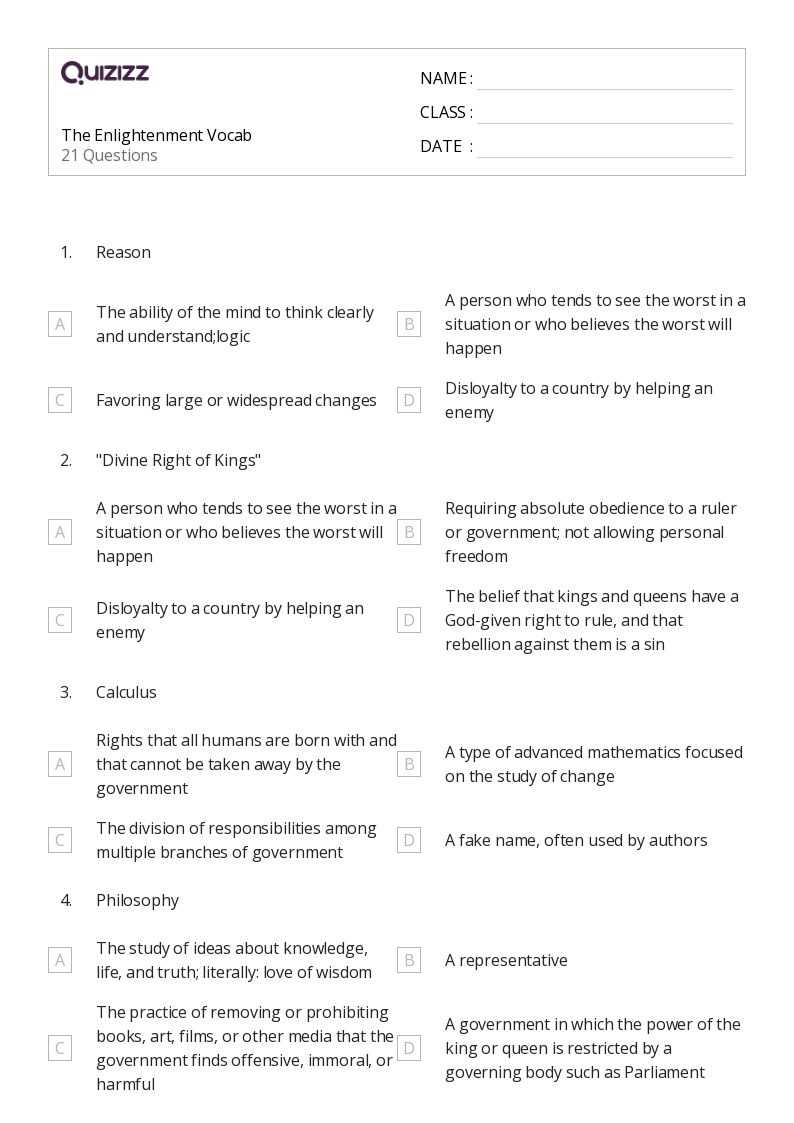 enlightenment vocabulary worksheet