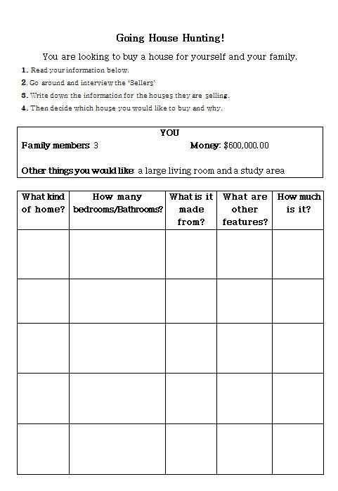 buying a house worksheet for students
