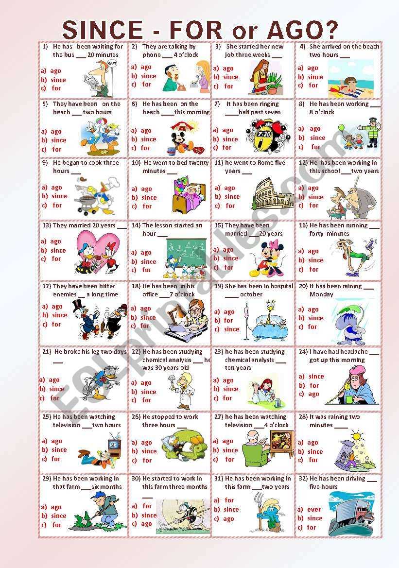 for since ago worksheet