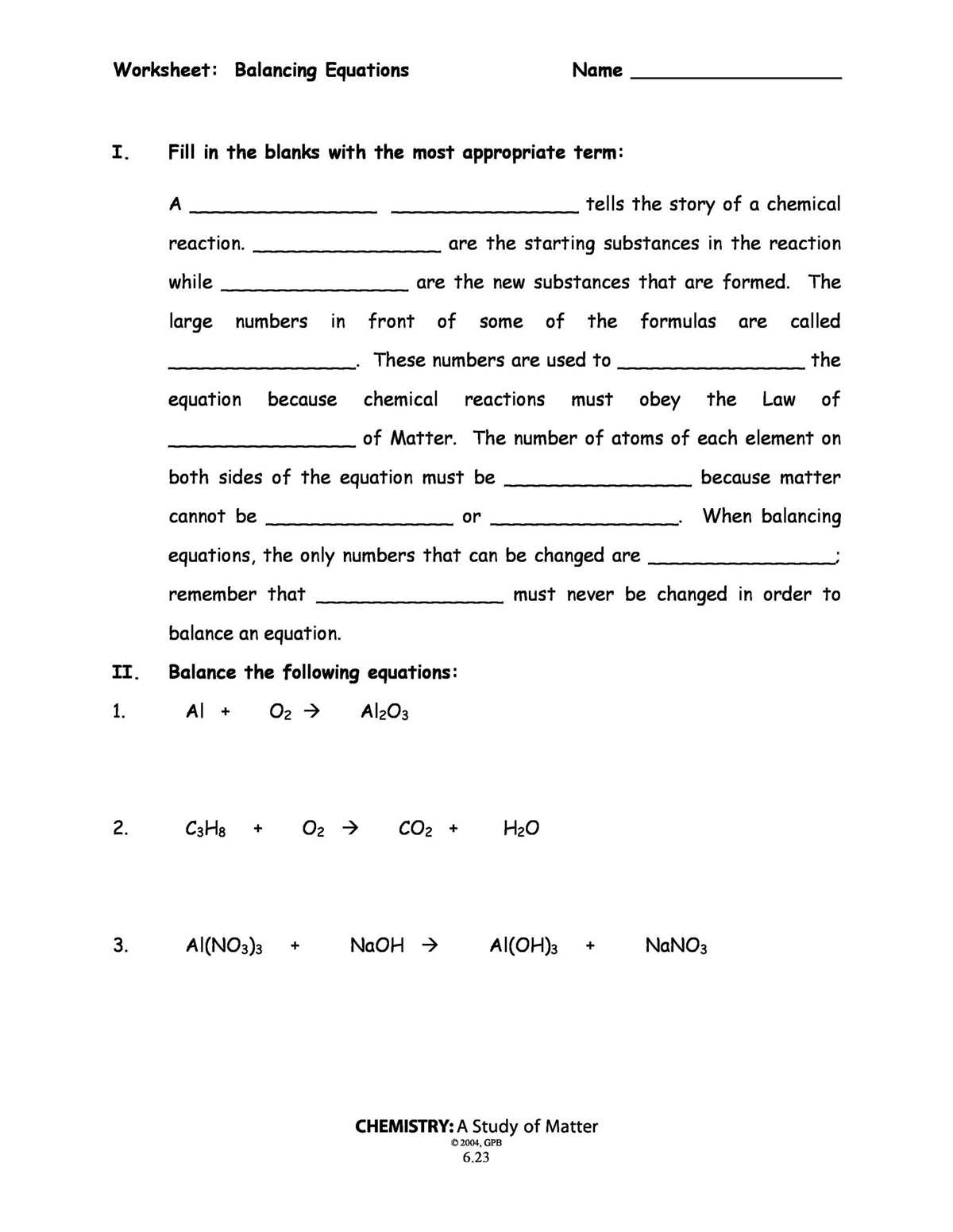 equation balance worksheet
