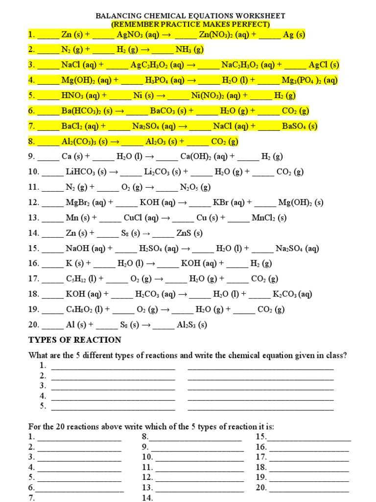 equation balance worksheet